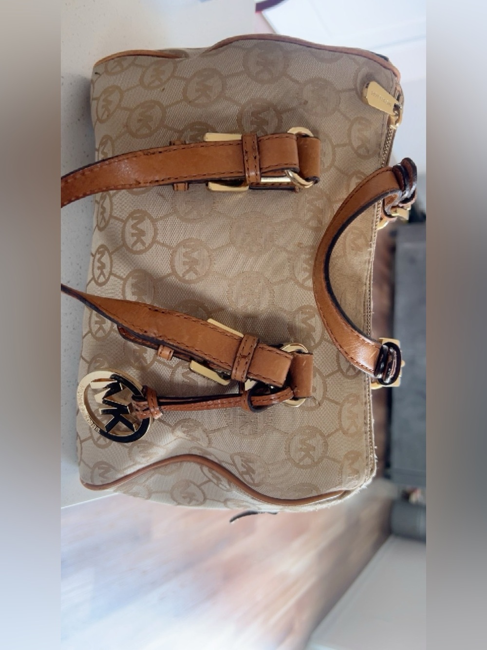 Michael Kors Beige/Tan Signature Logo Satchel with Gold Hardware